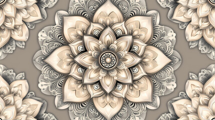 Wall Mural - Intricate seamless mandala flower design on a soft gray background for decorative appeal. Intricate Mandala Pattern. Illustration