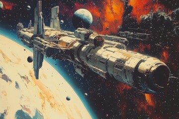 Wall Mural - exploration of outer space with a futuristic spacecraft orbiting a distant moon
