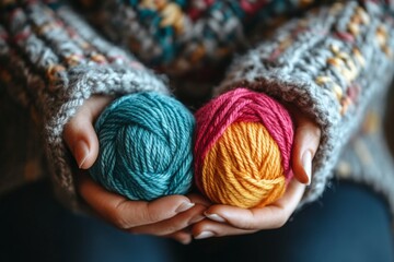 Wall Mural - Soft yarn balls held in cozy hands, showcasing vibrant colors and textures in a warm setting