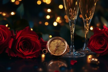 Wall Mural - Golden Pocket Watch and Champagne Glasses Amidst Red Roses Romantic Still Life