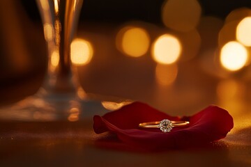 Wall Mural - Golden Ring on a Petal Romantic Setting With Bokeh Lights and Soft Focus