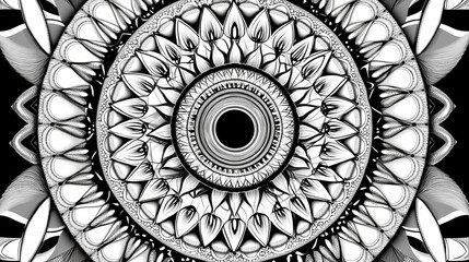 Wall Mural - Black and white mandala with intricate spiral patterns, central circle with spokes and layered circle design. Intricate Mandala Pattern. Illustration