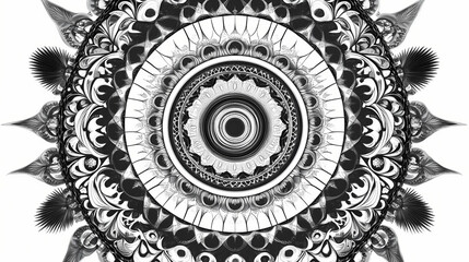 Wall Mural - Black and white mandala with intricate spiral patterns, central circle with spokes and layered circle design. Intricate Mandala Pattern. Illustration