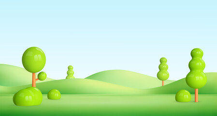 3d spring landscape. cartoon summer background with green hills, tree, grass mountain. park scene. c