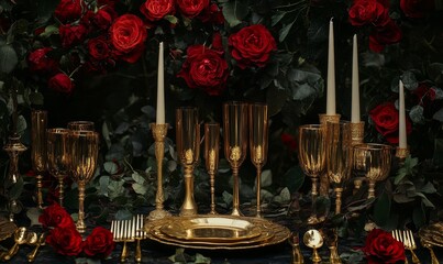 Wall Mural - Golden Tableware And Lit Candles Surrounded By Red Roses For A Dark Formal Dinner Setup