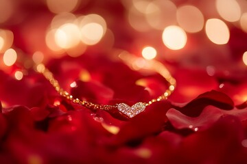 Wall Mural - Heart Pendant Jewelry On Soft Rose Petals A Romantic Scene With Bokeh Effects And Festive Glow