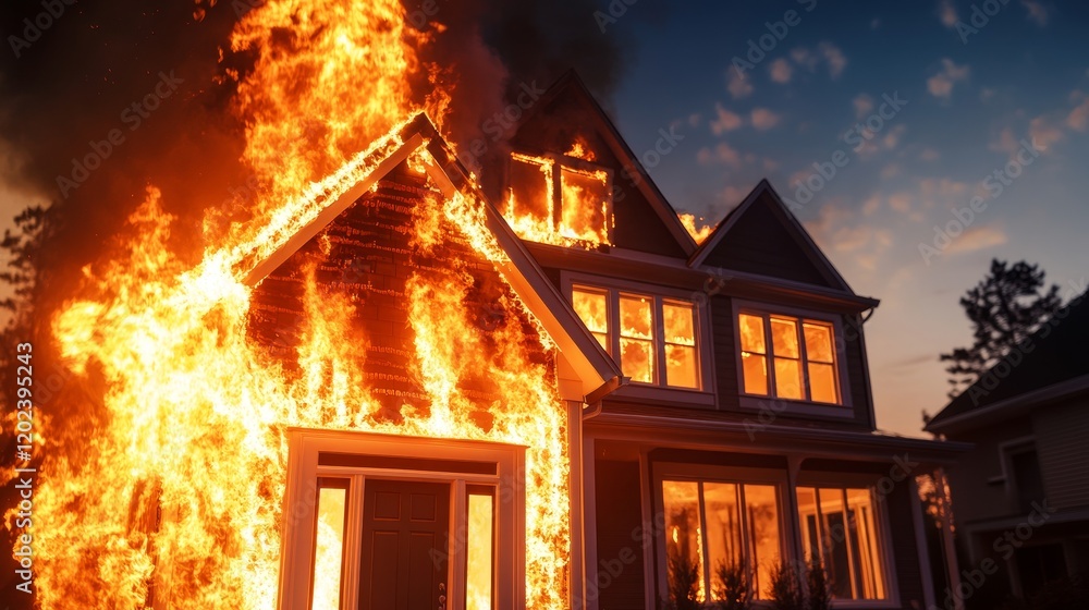 House Fire Disaster - A residential house engulfed in flames at night ...