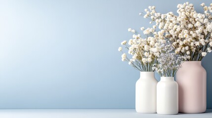 Wall Mural - Minimalist Floral Arrangement Studio Photo - Serenity, elegance, simplicity, purity, and tranquility are symbolized in this image of dried flowers in minimalist vases against a soft blue background.  