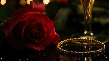 Wall Mural - Red Rose Golden Bracelet and Champagne Flute Romantic Celebration Still Life Arrangement