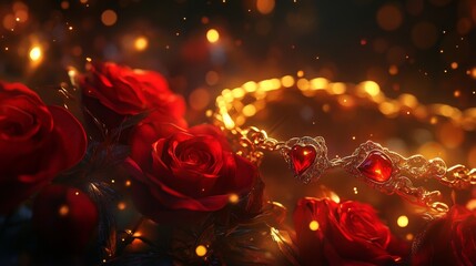 Wall Mural - Romantic Roses and Gold Heart Necklace on Dark Background with Bokeh Lights Decoration