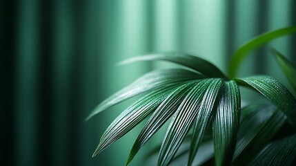 Wall Mural - Dew Kissed Palm Fronds Against A Green Background