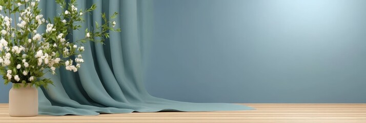 Wall Mural - Serene Blue Room with Flowers - A minimalist image featuring a blue wall, light wood floor, flowing teal curtain, and a vase of white flowers. Perfect for product display or calming backgrounds.