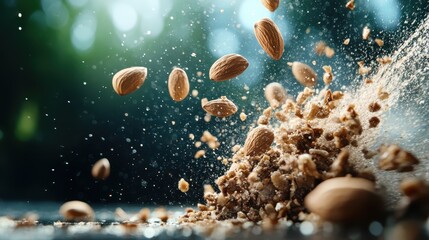 A visually striking scene displaying flying almonds and crushed bits, representing the energy and excitement of food in a uniquely artistic way against a blurred backdrop.