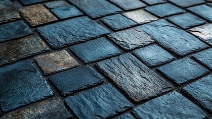 Poster - Dark slate tiles on exterior floor, angled view, blurred background for text space