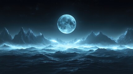 Wall Mural - Ethereal Moonlit Landscape with Mystical Mountains and Ocean Waves