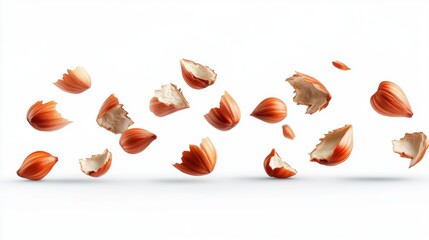 Wall Mural - Flying Hazelnut Shells in Motion with Clean White Background