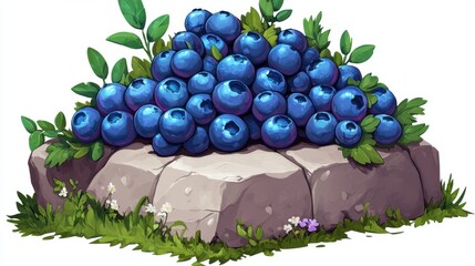 Wall Mural - Fresh Blueberries on Stone Surrounded by Green Leaves and Grass