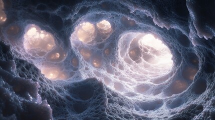 A blue and white image of a space with many holes
