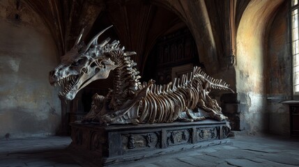 Dragon Skeleton in a Gothic Chapel - A Majestic Display