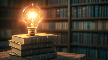 Wall Mural - A glowing light bulb illuminated above a stack of old books in a cozy library setting. Vintage Library Setting. Illustration