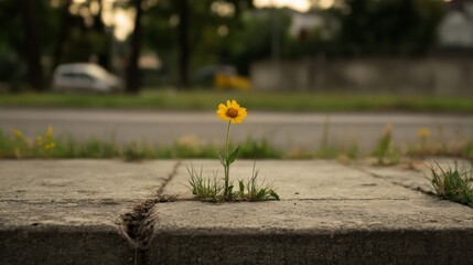 Wall Mural - Single yellow flower growing in cracked pavement beside a road.