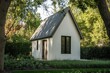 © gamespirit - Modern small house nestled among lush greenery in a serene garden setting during late afternoon with soft sunlight illuminating the exterior