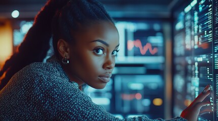 Woman Working with Digital Data on Futuristic Interface
