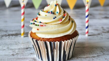 Poster - Festive cupcake with buttercream frosting and sprinkles on a wooden table, with birthday decorations.