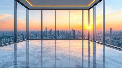 Sticker - Empty skyscraper office interior with sunset city view