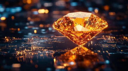 Canvas Print - an exquisite orange diamond glistening on a digital interface, symbolizing wealth and investment opp