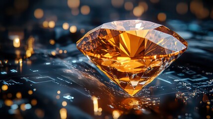 Canvas Print - an exquisite orange diamond glistening on a digital interface, symbolizing wealth and investment opp