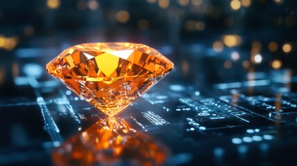 Canvas Print - an exquisite orange diamond glistening on a digital interface, symbolizing wealth and investment opp