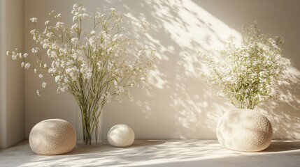 Canvas Print - Minimalist scene with white flowers, sunlight, and beige decor.