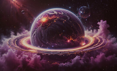 Wall Mural - A large purple planet with a ring around it. The planet is surrounded by a purple cloud. The image has a dreamy, otherworldly feel to it