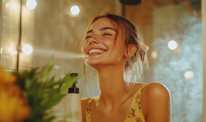 Poster - Woman Spritzing Face with Liquid in Bathroom with Warm Lighting and Plants Near Mirror