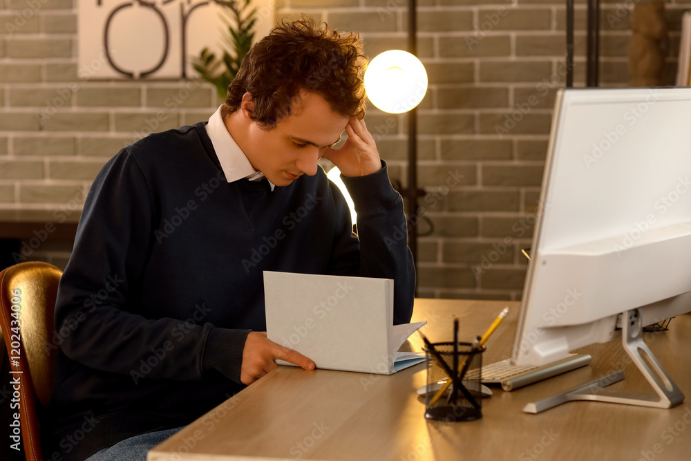 Young man reading book at table late in evening