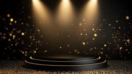 Wall Mural - black podium product stage with spotlight and golden glitter background.