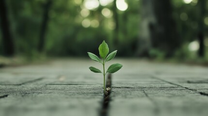 Wall Mural - Small plant seedling sprouting through crack in pavement.