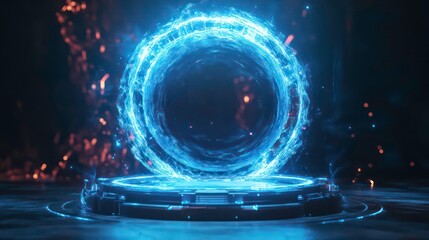 Wall Mural - blue hologram portal. magic fantasy portal. magic circle teleport podium with hologram effect. abstr