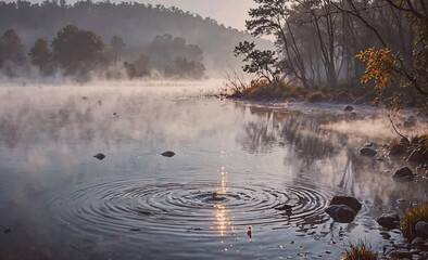 Poster - A lake with foggy mist in the background. The water is calm and still. The reflection of the trees and sky can be seen in the water