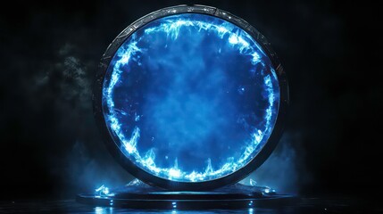 Wall Mural - blue hologram portal. magic fantasy portal. magic circle teleport podium with hologram effect. abstr