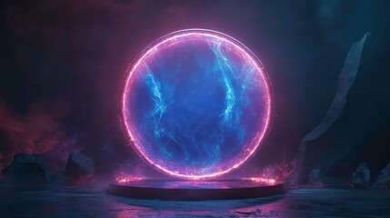 Wall Mural - blue hologram portal. magic fantasy portal. magic circle teleport podium with hologram effect. abstr