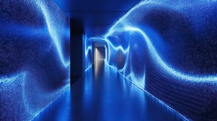 Wall Mural - blue wave particles glowing light futuristic technology data flow abstract digital network cyber sec