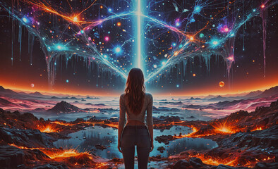 Wall Mural - a woman stands in front of a large, colorful, and abstract painting of a woman. the painting is fill