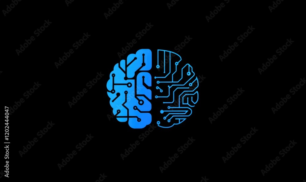 graphic logo of an AI brain and circuit board, using a blue color ...