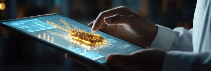 Aufkleber - Hands interact with a 3D model of an oil rig on a tablet in a modern workspace setting. Generative AI