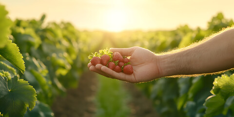 Freshly picked strawberries in a farmer's hand, bathed in the golden light of sunset. A bountiful harvest in a lush green field.