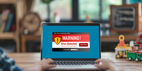 Virus warning alert on computer screen detected brisk cyber threat , hacker, computer virus and malware