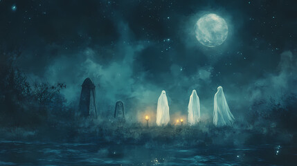 Wall Mural - A hauntingly beautiful scene of ethereal ghosts in a mystical graveyard, illuminated by soft lantern light under a moonlit sky. Mystical Moonlit Scene. Illustration