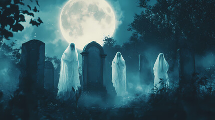 Wall Mural - A hauntingly beautiful scene of ethereal ghosts in a mystical graveyard, illuminated by soft lantern light under a moonlit sky. Mystical Moonlit Scene. Illustration